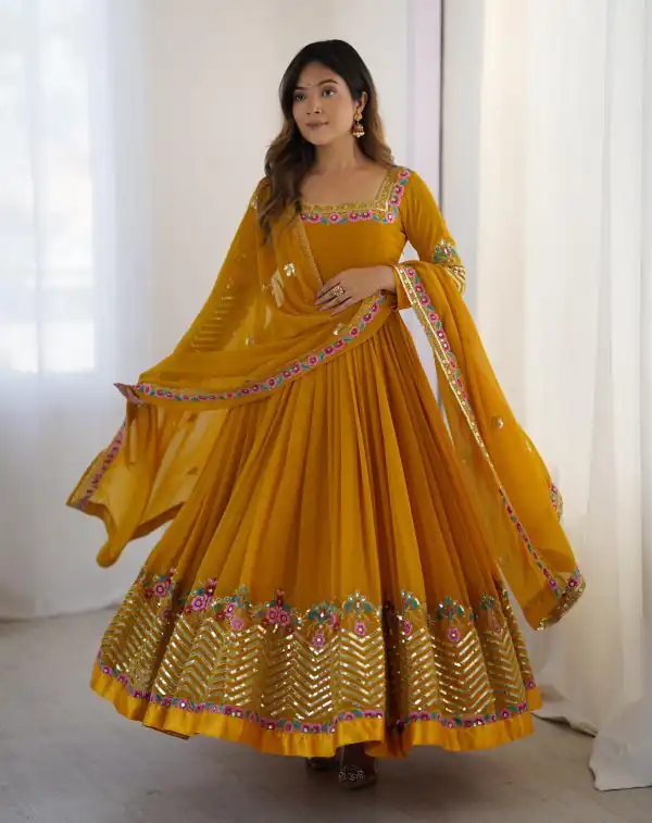 Yellow Georgette Multi Thread Work Gown