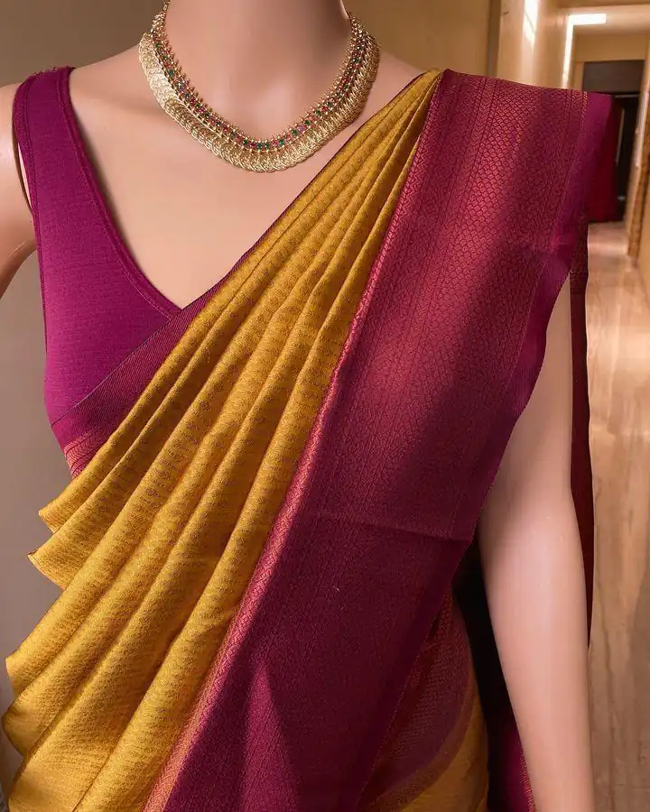 Yellow Lichi Silk Jacquard Border Lace Work Saree - Image 3