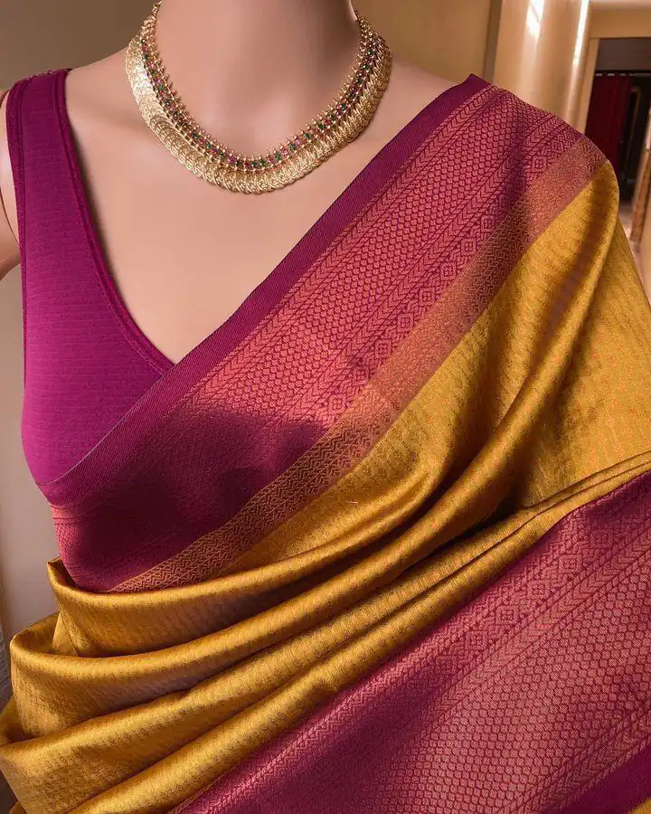 Yellow Lichi Silk Jacquard Border Lace Work Saree - Image 2
