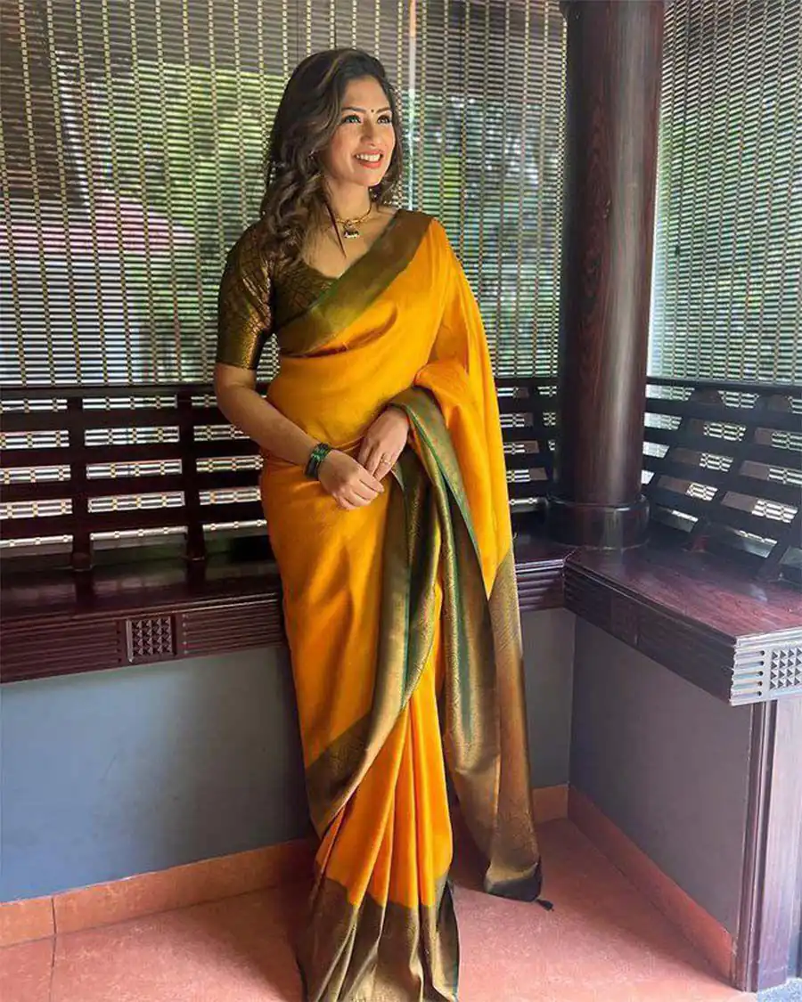 Yellow Soft Lichi Silk On All Over Saree - Image 3