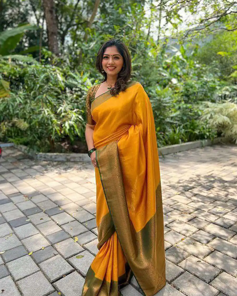Yellow Soft Lichi Silk On All Over Saree