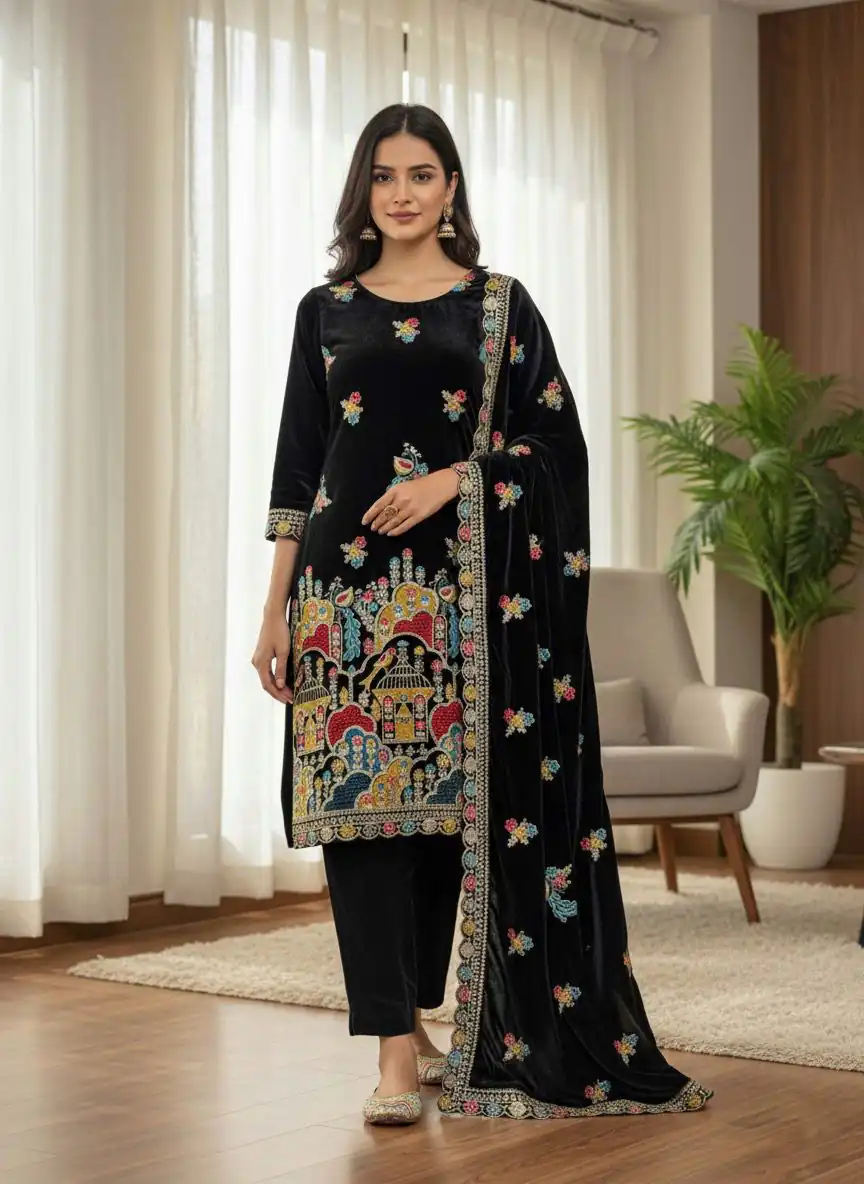 SRK 5220 Black Viscose Velvet Salwar Suit Perfect for Wedding, Party, Family Gatherings, Baby Shower, Mehendi – . Introductory Price ₹2099. Delivery 4 | Lehenga, Bollywood Lehenga, Creative Lehenga, Designer Lehenga, Embroidered Lehenga, Party Wear Lehenga