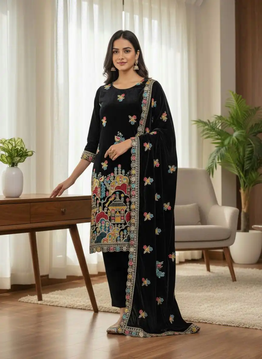 SRK 5220 Black Viscose Velvet Salwar Suit Perfect for Wedding, Party, Family Gatherings, Baby Shower, Mehendi – . Introductory Price ₹2099. Delivery 4 | Lehenga, Bollywood Lehenga, Creative Lehenga, Designer Lehenga, Embroidered Lehenga, Party Wear Lehenga