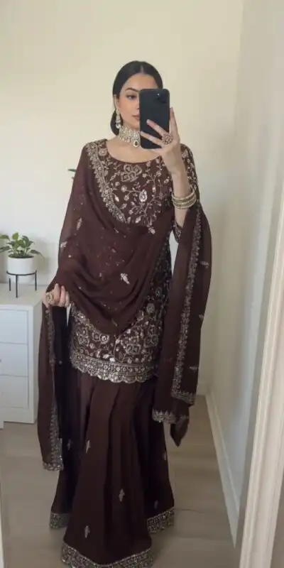 SRK 5304 Brown Heavy Faux Georgette Salwar Suit Perfect for Wedding, Party, Pooja, Makar Sankranti, Sangeet – . Affordable Price ₹1999. Delivery 4-6 W | Lehenga, Bollywood Lehenga, Creative Lehenga, Designer Lehenga, Embroidered Lehenga, Party Wear Lehenga
