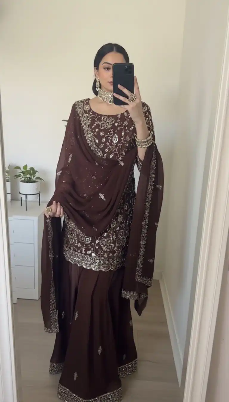 SRK 5304 Brown Heavy Faux Georgette Salwar Suit Perfect for Wedding, Party, Pooja, Makar Sankranti, Sangeet – . Affordable Price ₹1999. Delivery 4-6 W | Lehenga, Bollywood Lehenga, Creative Lehenga, Designer Lehenga, Embroidered Lehenga, Party Wear Lehenga