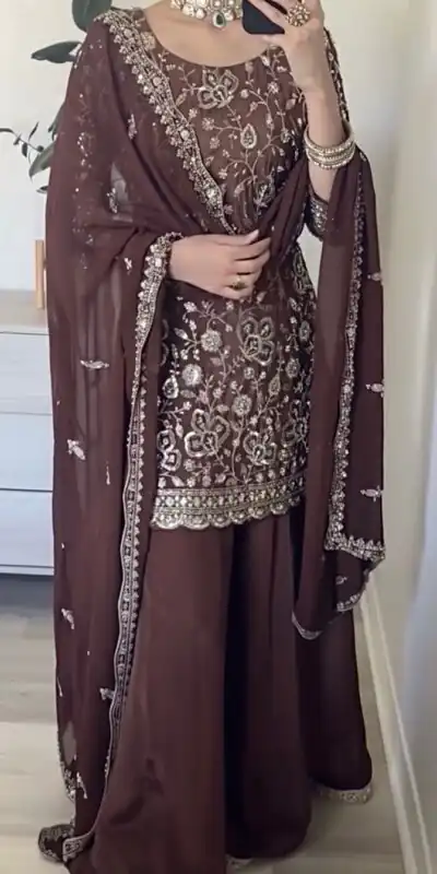 SRK 5304 Brown Heavy Faux Georgette Salwar Suit Perfect for Wedding, Party, Pooja, Makar Sankranti, Sangeet – . Affordable Price ₹1999. Delivery 4-6 W | Lehenga, Bollywood Lehenga, Creative Lehenga, Designer Lehenga, Embroidered Lehenga, Party Wear Lehenga
