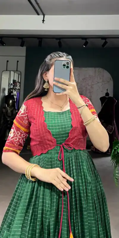 YNF 5028 Green Color Tasar Chex Patola With Weaving Work Border Gown Casual, Wedding, Festive, Events . Expected Delivery 4-6 Working Days @1799/- only | Gowns, Bollywood Gowns, Creative Gowns, Designer Gowns, Embroidered Gowns, Party Wear Gowns