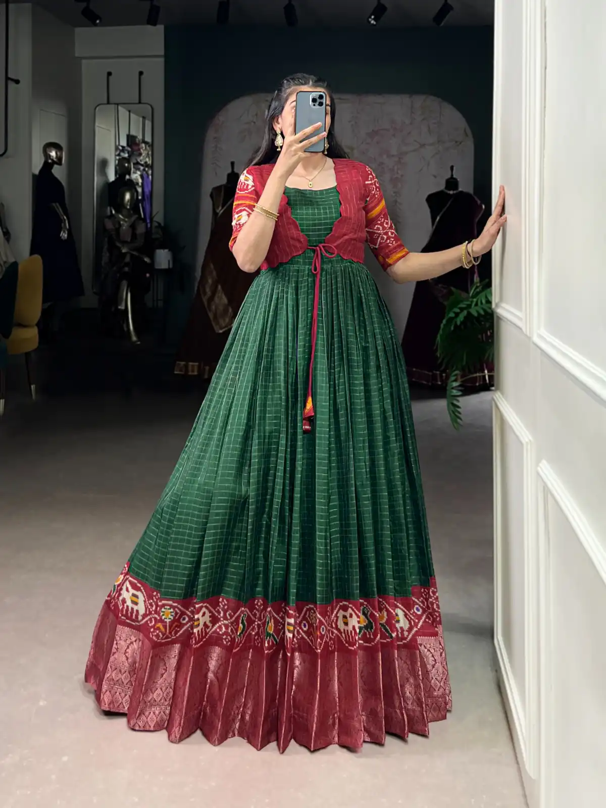 YNF 5028 Green Color Tasar Chex Patola With Weaving Work Border Gown Casual, Wedding, Festive, Events . Expected Delivery  4-6 Working Days @1799/- only      | Gowns, Bollywood Gowns, Creative Gowns, Designer Gowns, Embroidered Gowns, Party Wear Gowns