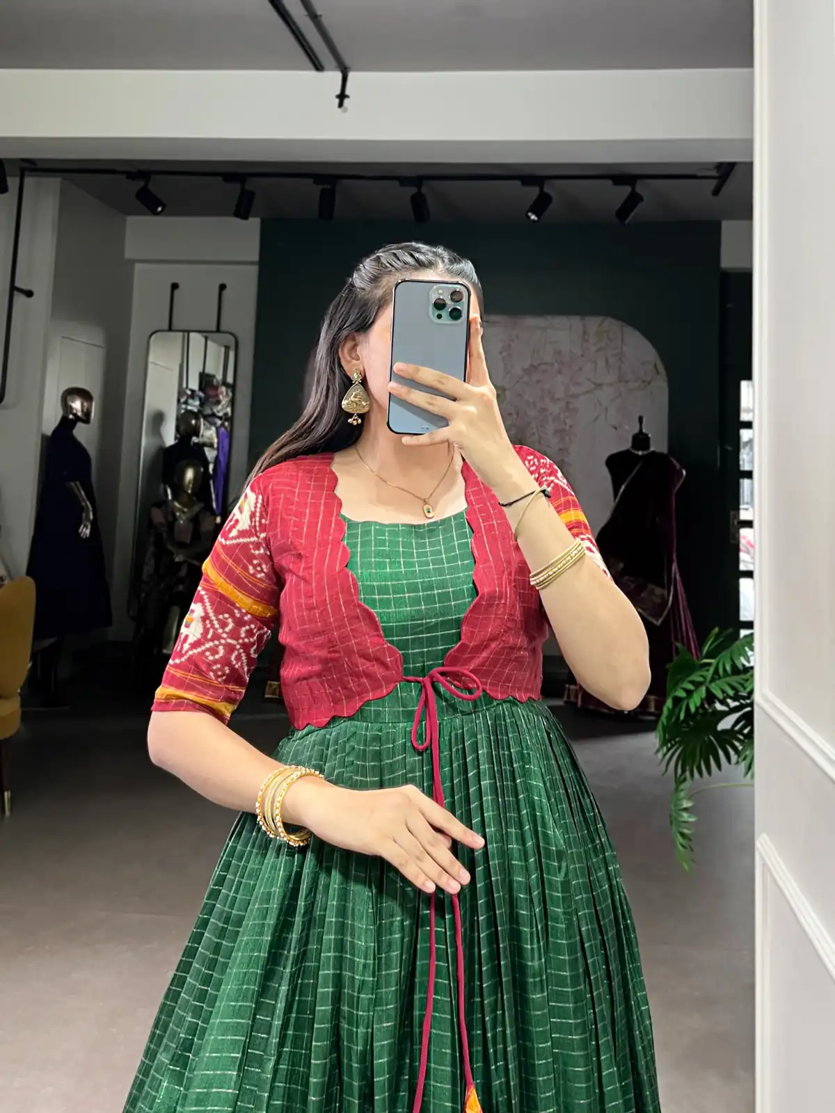 YNF 5028 Green Color Tasar Chex Patola With Weaving Work Border Gown Casual, Wedding, Festive, Events . Expected Delivery  4-6 Working Days @1799/- only      | Gowns, Bollywood Gowns, Creative Gowns, Designer Gowns, Embroidered Gowns, Party Wear Gowns