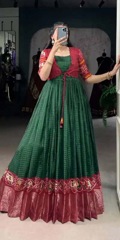 YNF 5028 Green Color Tasar Chex Patola With Weaving Work Border Gown Casual, Wedding, Festive, Events . Expected Delivery 4-6 Working Days @1799/- only | Gowns, Bollywood Gowns, Creative Gowns, Designer Gowns, Embroidered Gowns, Party Wear Gowns