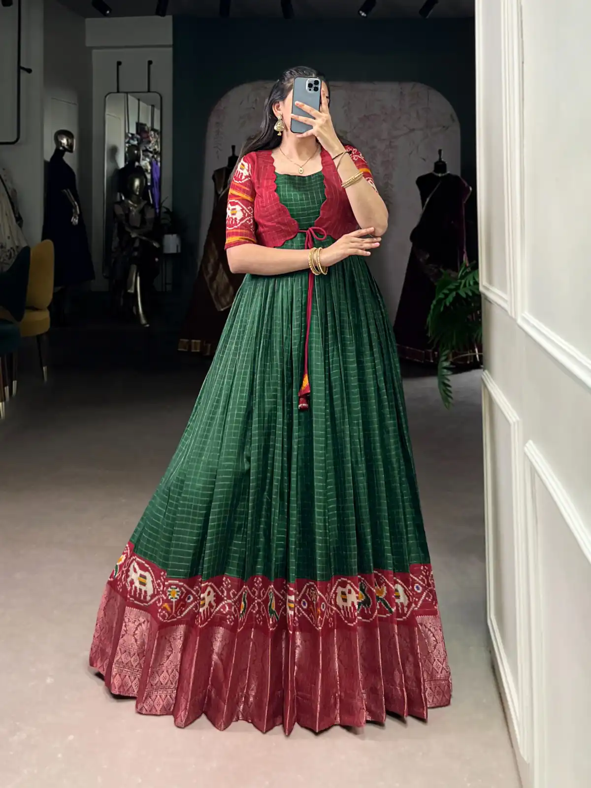 YNF 5028 Green Color Tasar Chex Patola With Weaving Work Border Gown Casual, Wedding, Festive, Events . Expected Delivery  4-6 Working Days @1799/- only      | Gowns, Bollywood Gowns, Creative Gowns, Designer Gowns, Embroidered Gowns, Party Wear Gowns