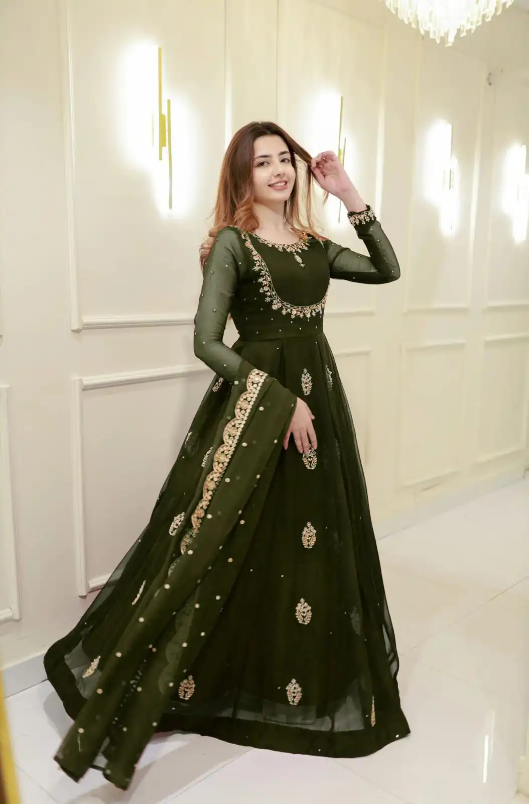 Mehendi Georgette Embroidery Work Gown - Image 2