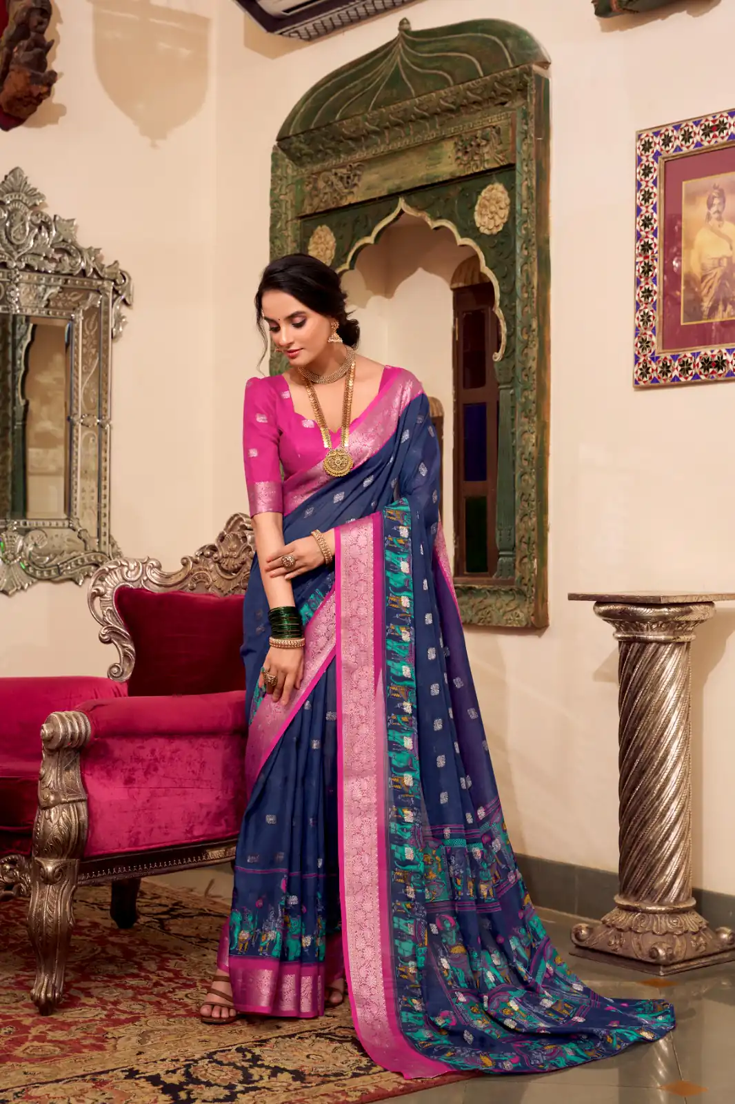 YNF 7031 Navy Blue Color Poly Cotton Kalamkari Print Saree Casual, Wedding, Festive, Events . Expected Delivery  4-6 Working Days @1699/- only                                                                                                                                           | Sarees, Bollywood Sarees, Creative Sarees, Designer Sarees, Embroidered Sarees, Ethnic Saree, Modern Digital sarees, Party Wear Sarees