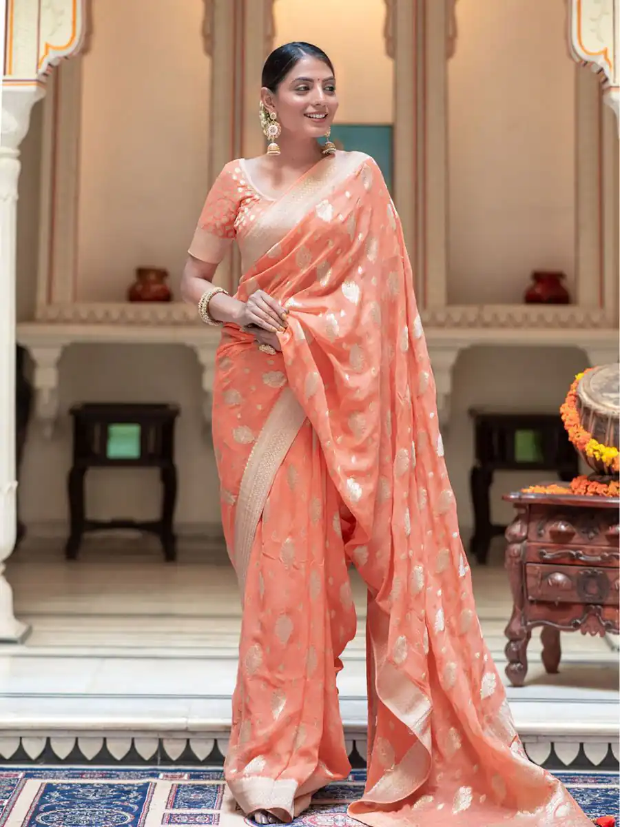 KPR 190 Peach Soft Lichi Silk Jacquard Work Saree with Designer Work Wedding, Party, Festive, Events, Deal ₹1399. Delivery 4-6 Working Days. Shop now. | Sarees, Bollywood Sarees, Creative Sarees, Designer Sarees, Embroidered Sarees, Ethnic Saree, Modern Digital sarees, Party Wear Sarees