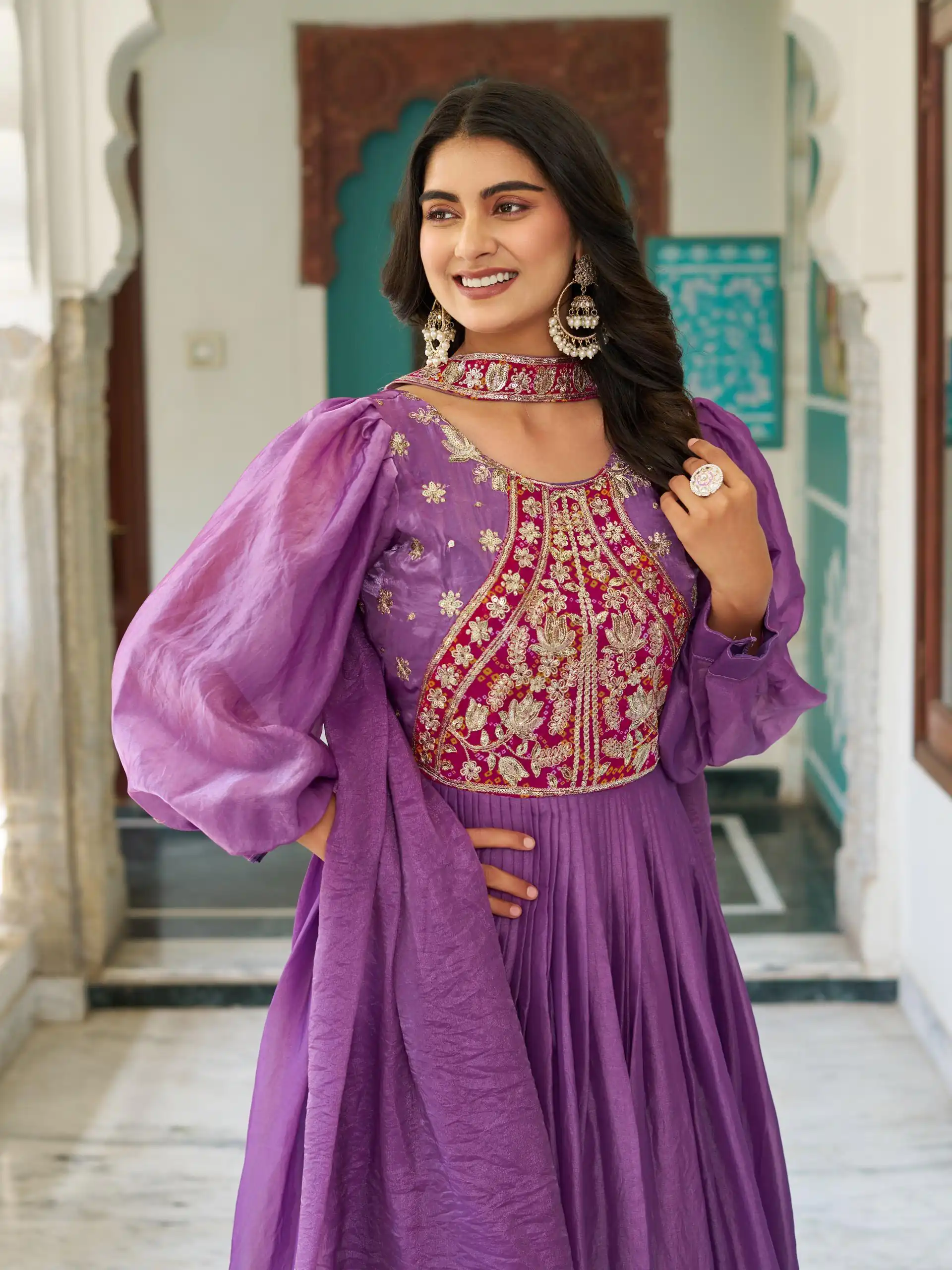 Ram 146 Purple Fendy Silk Gown With Embroidery Work. Special Price ₹2049. Wedding, Party, Festive, Events, Delivery 4-6 Working Days. Shop now. | Gowns, Bollywood Gowns, Creative Gowns, Designer Gowns, Embroidered Gowns, Party Wear Gowns