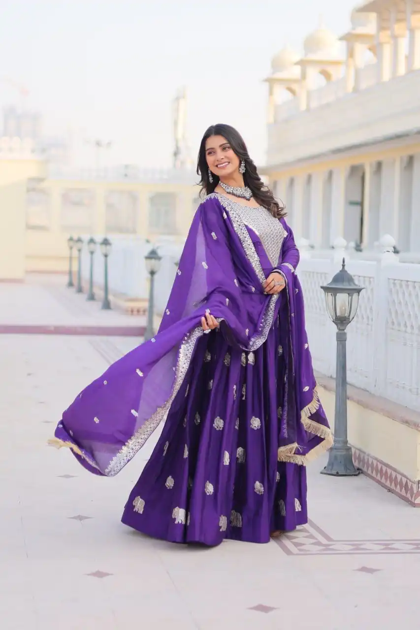 Ram 062 Purple Fox Georgette Gown Perfect for Wedding, Party, Family Gatherings, Durga Puja, Eid – . Festive Deal ₹1799. Delivery 4-6 Working Days. Shop no | Gowns, Bollywood Gowns, Creative Gowns, Designer Gowns, Embroidered Gowns, Party Wear Gowns