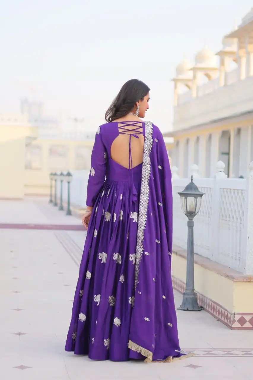 Ram 062 Purple Fox Georgette Gown Perfect for Wedding, Party, Family Gatherings, Durga Puja, Eid – . Festive Deal ₹1799. Delivery 4-6 Working Days. Shop no | Gowns, Bollywood Gowns, Creative Gowns, Designer Gowns, Embroidered Gowns, Party Wear Gowns
