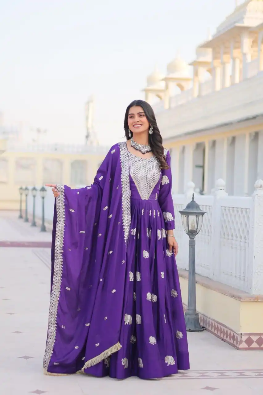 Ram 062 Purple Fox Georgette Gown Perfect for Wedding, Party, Family Gatherings, Durga Puja, Eid – . Festive Deal ₹1799. Delivery 4-6 Working Days. Shop no | Gowns, Bollywood Gowns, Creative Gowns, Designer Gowns, Embroidered Gowns, Party Wear Gowns