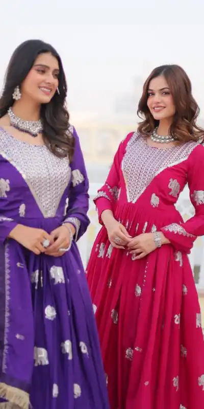 Ram 062 Purple Fox Georgette Gown Perfect for Wedding, Party, Family Gatherings, Durga Puja, Eid – . Festive Deal ₹1799. Delivery 4-6 Working Days. Shop no | Gowns, Bollywood Gowns, Creative Gowns, Designer Gowns, Embroidered Gowns, Party Wear Gowns