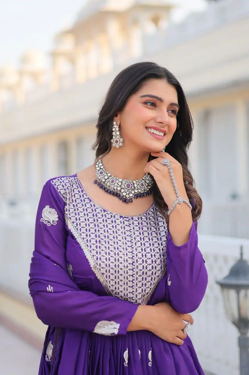 Ram 062 Purple Fox Georgette Gown Perfect for Wedding, Party, Family Gatherings, Durga Puja, Eid – . Festive Deal ₹1799. Delivery 4-6 Working Days. Shop no | Gowns, Bollywood Gowns, Creative Gowns, Designer Gowns, Embroidered Gowns, Party Wear Gowns