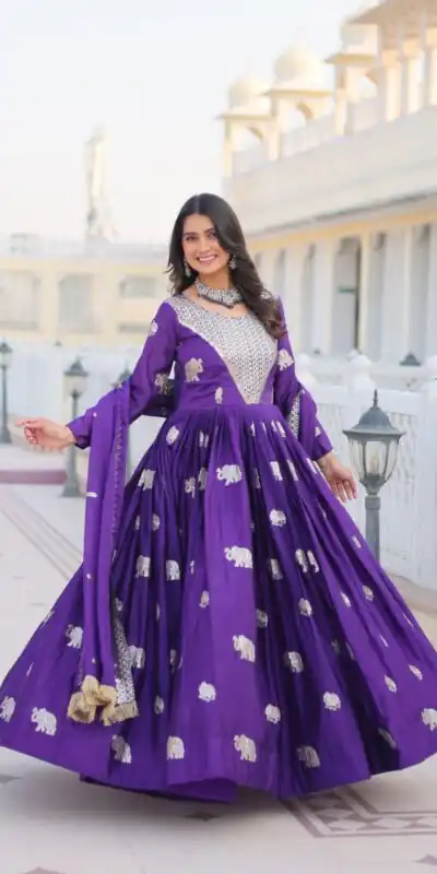 Ram 062 Purple Fox Georgette Gown Perfect for Wedding, Party, Family Gatherings, Durga Puja, Eid – . Festive Deal ₹1799. Delivery 4-6 Working Days. Shop no | Gowns, Bollywood Gowns, Creative Gowns, Designer Gowns, Embroidered Gowns, Party Wear Gowns