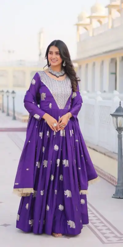 Ram 062 Purple Fox Georgette Gown Perfect for Wedding, Party, Family Gatherings, Durga Puja, Eid – . Festive Deal ₹1799. Delivery 4-6 Working Days. Shop no | Gowns, Bollywood Gowns, Creative Gowns, Designer Gowns, Embroidered Gowns, Party Wear Gowns