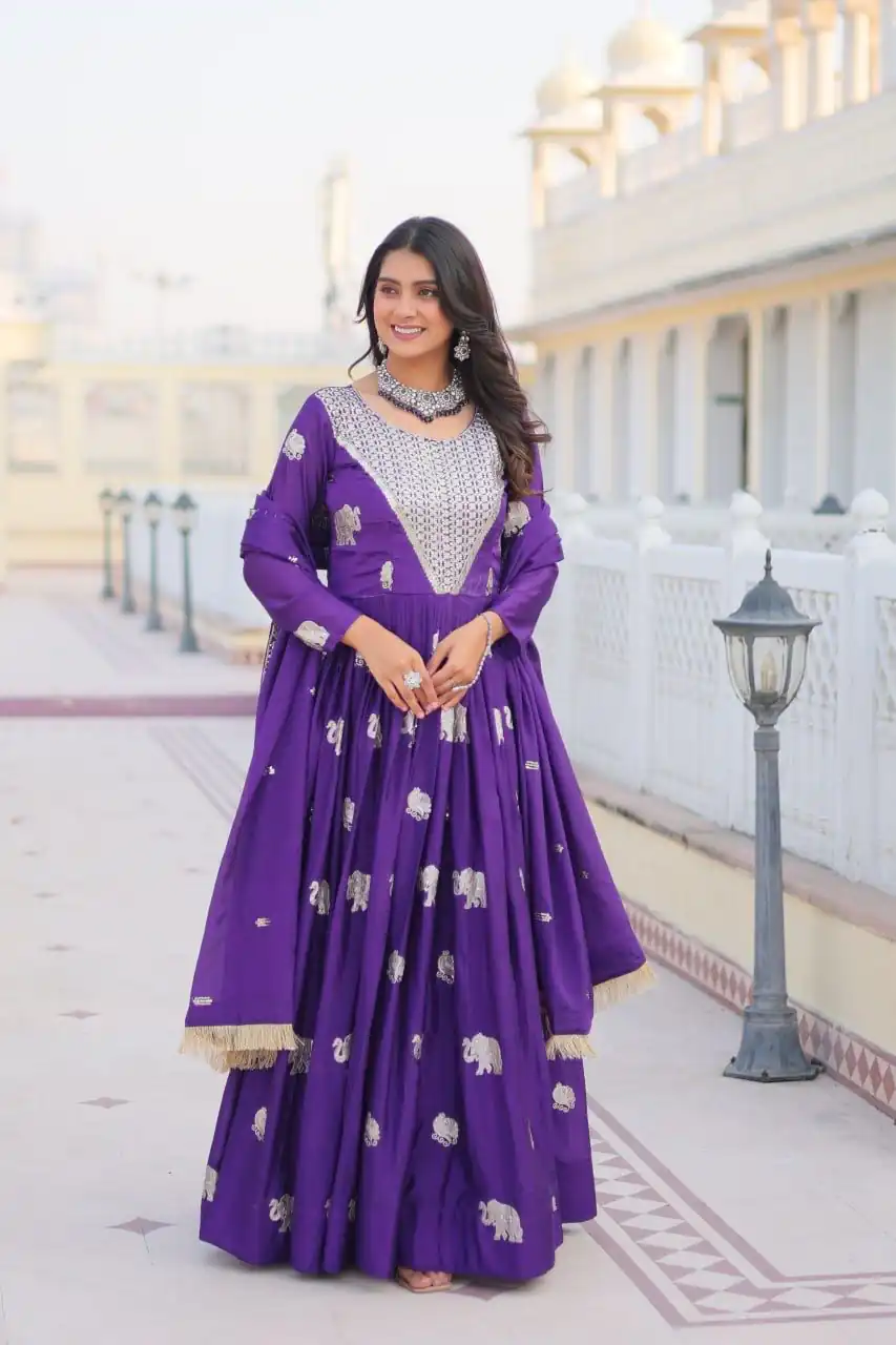 Ram 062 Purple Fox Georgette Gown Perfect for Wedding, Party, Family Gatherings, Durga Puja, Eid – . Festive Deal ₹1799. Delivery 4-6 Working Days. Shop no | Gowns, Bollywood Gowns, Creative Gowns, Designer Gowns, Embroidered Gowns, Party Wear Gowns