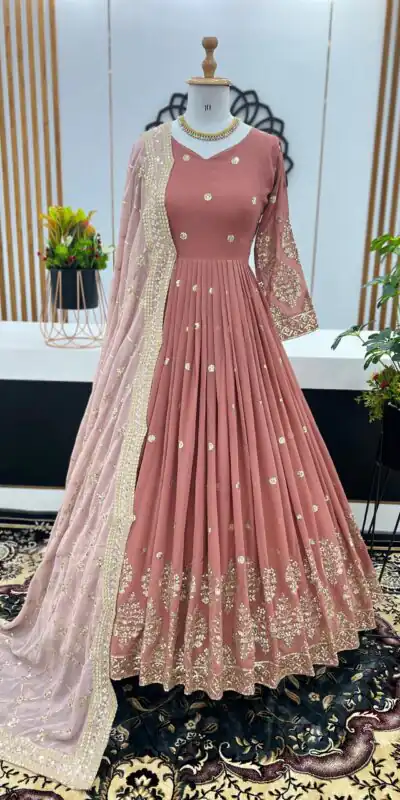 Peach Georgette Embroidery Sequence Gown