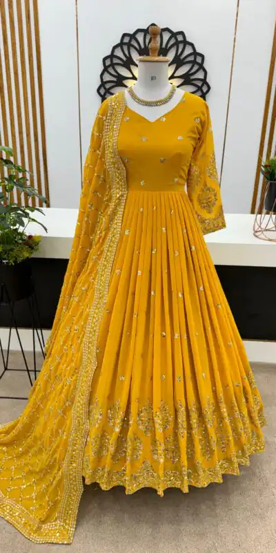 Yellow Georgette Embroidery Sequence Gown