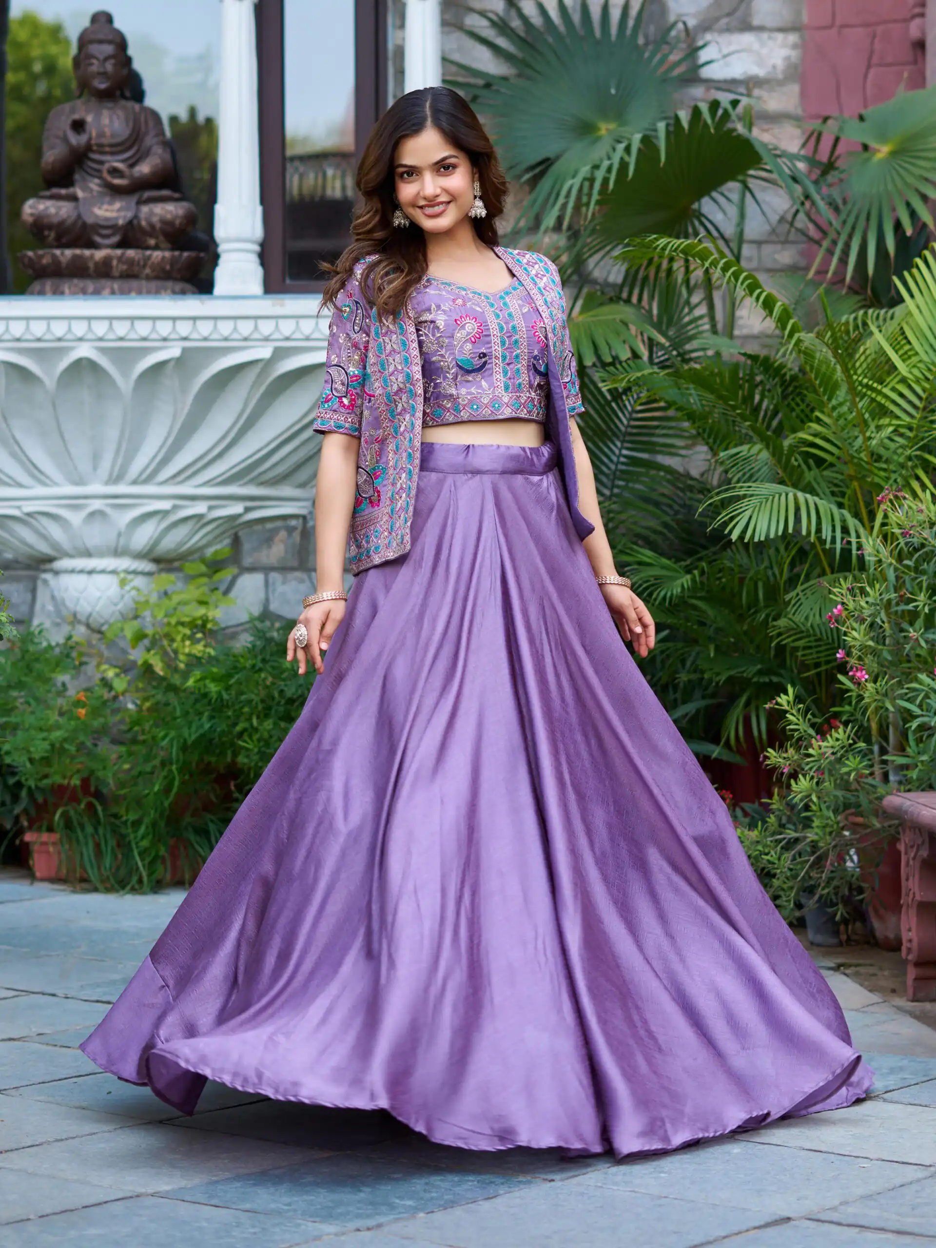 Lavender Vichitra Embroidery Thread Work Lehenga Choli