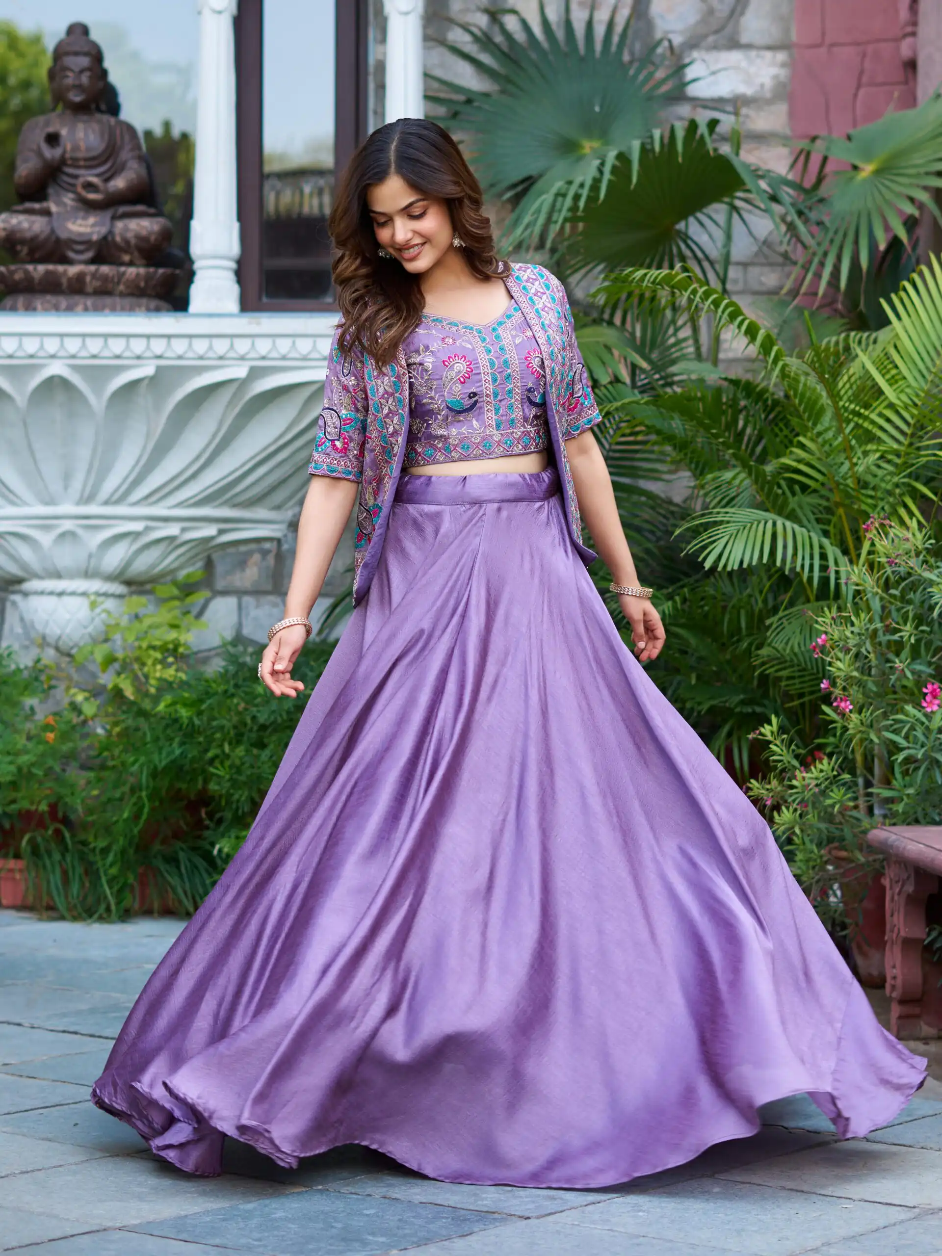 Lavender Vichitra Embroidery Thread Work Lehenga Choli - Image 2