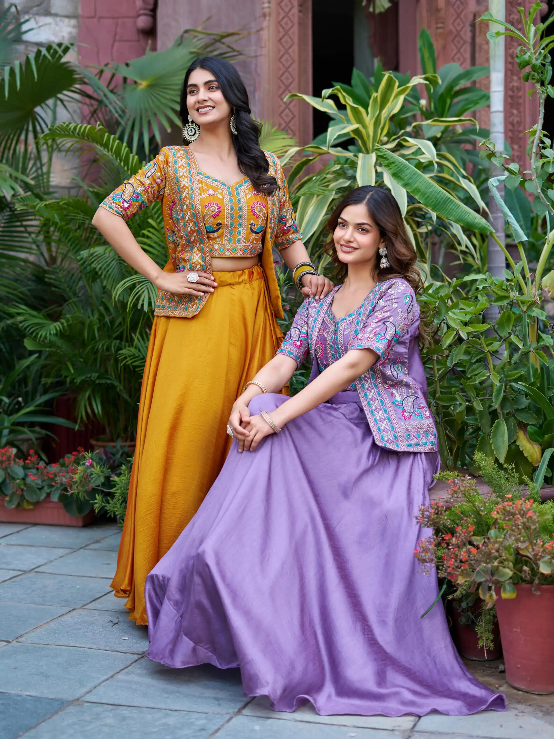 Mustered Vichitra Embroidery Thread Work Lehenga Choli - Image 5