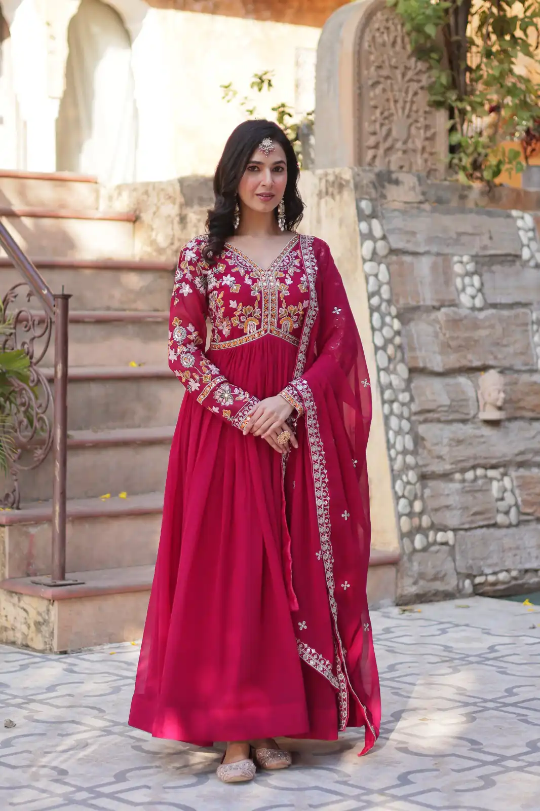 Red Faux Blooming Embroidery Zari Work Gown