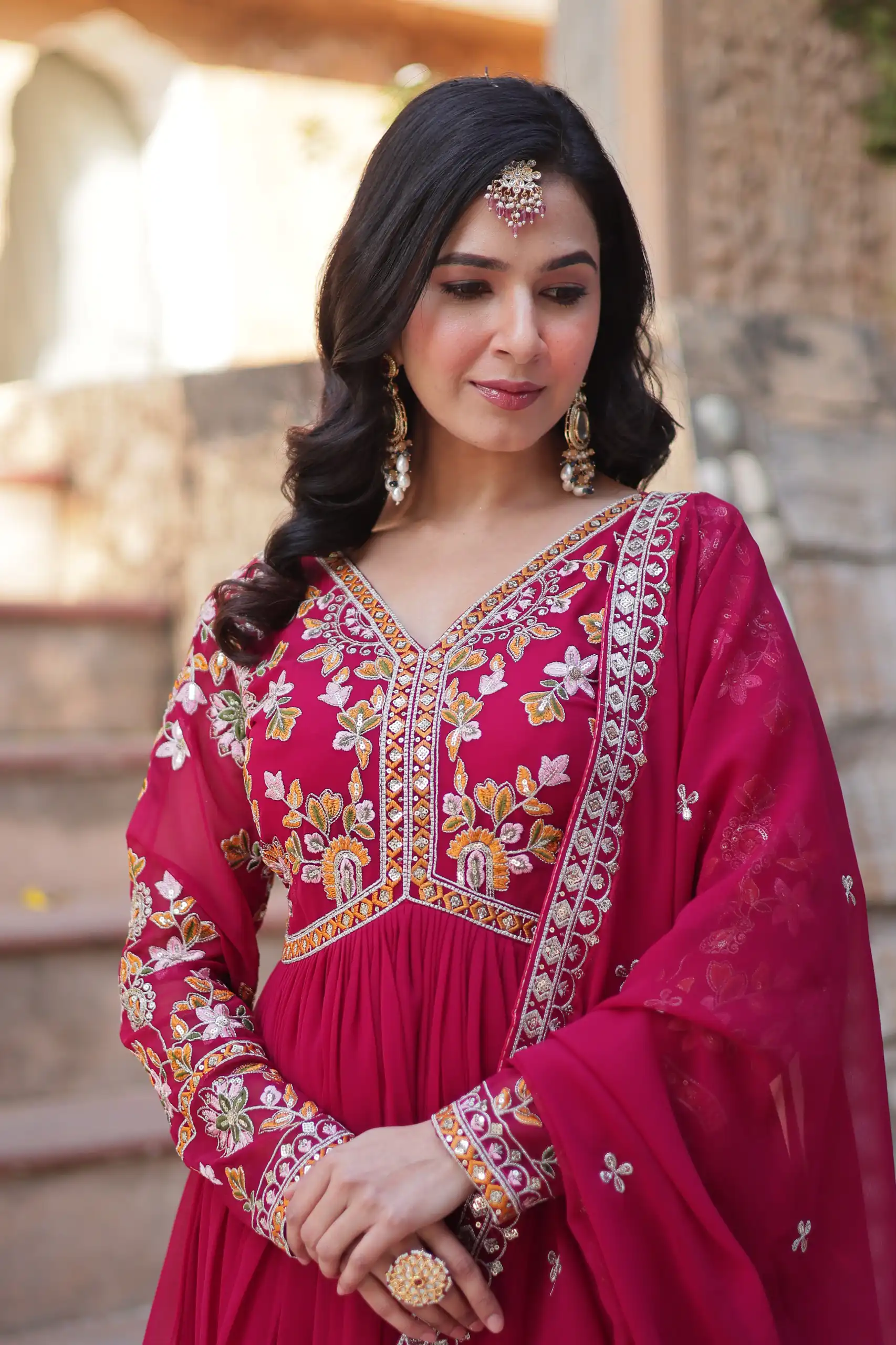 Red Faux Blooming Embroidery Zari Work Gown - Image 3
