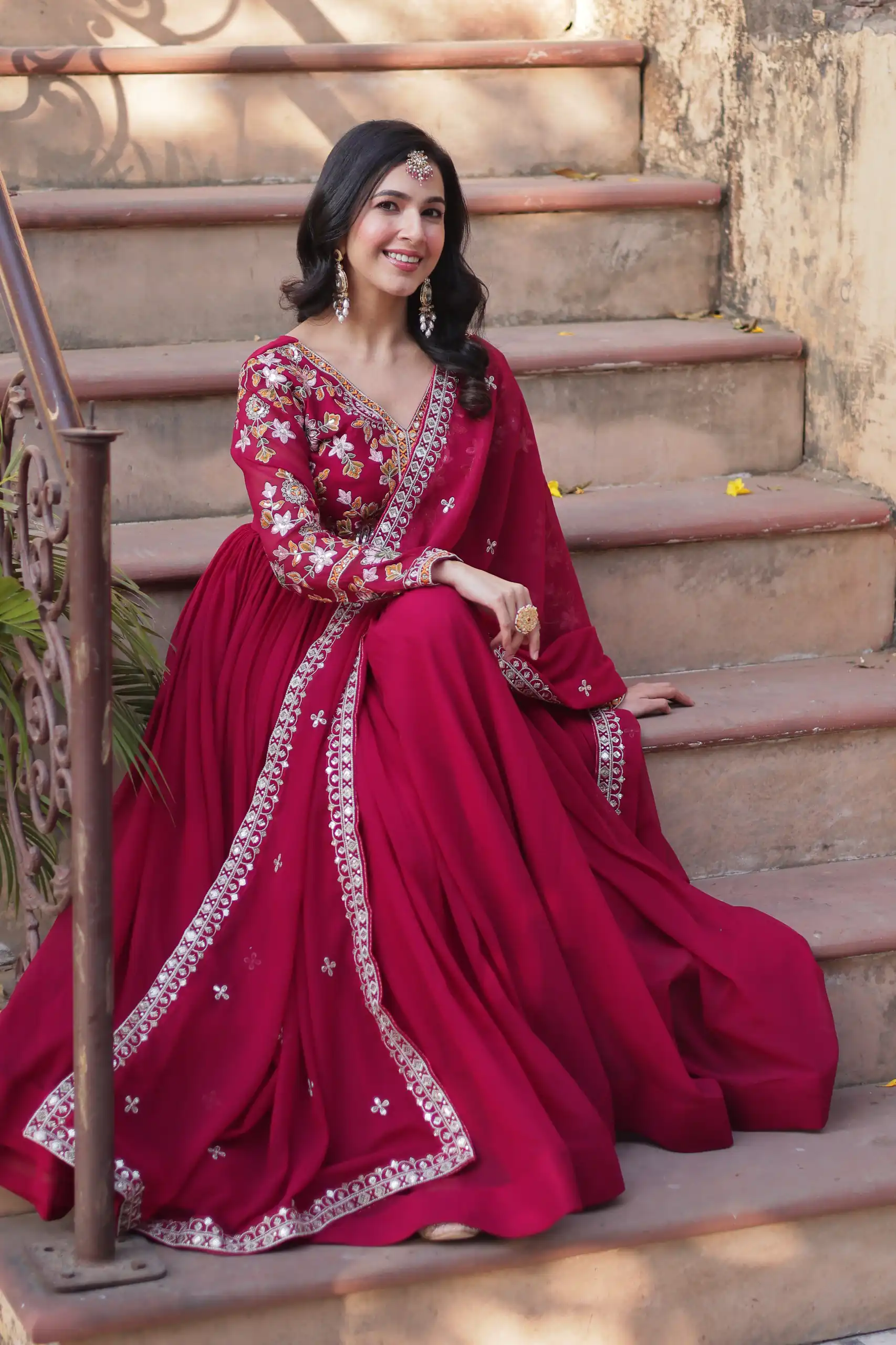 Red Faux Blooming Embroidery Zari Work Gown - Image 4