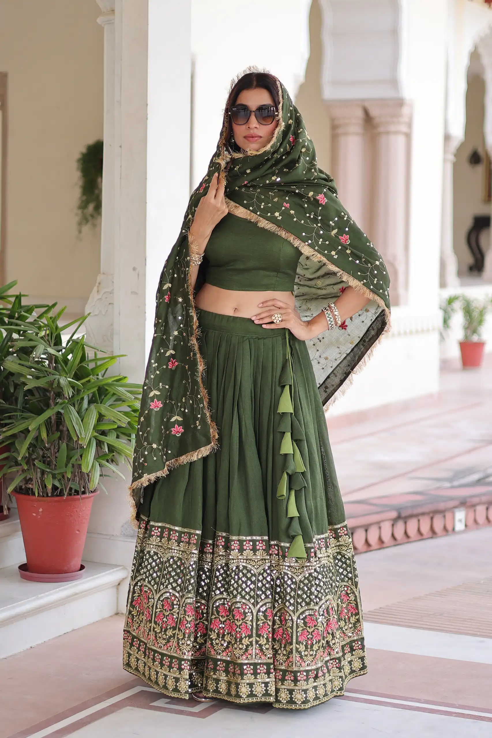 Green Vichitra Silk With Embroider Lehenga Choli - Image 3