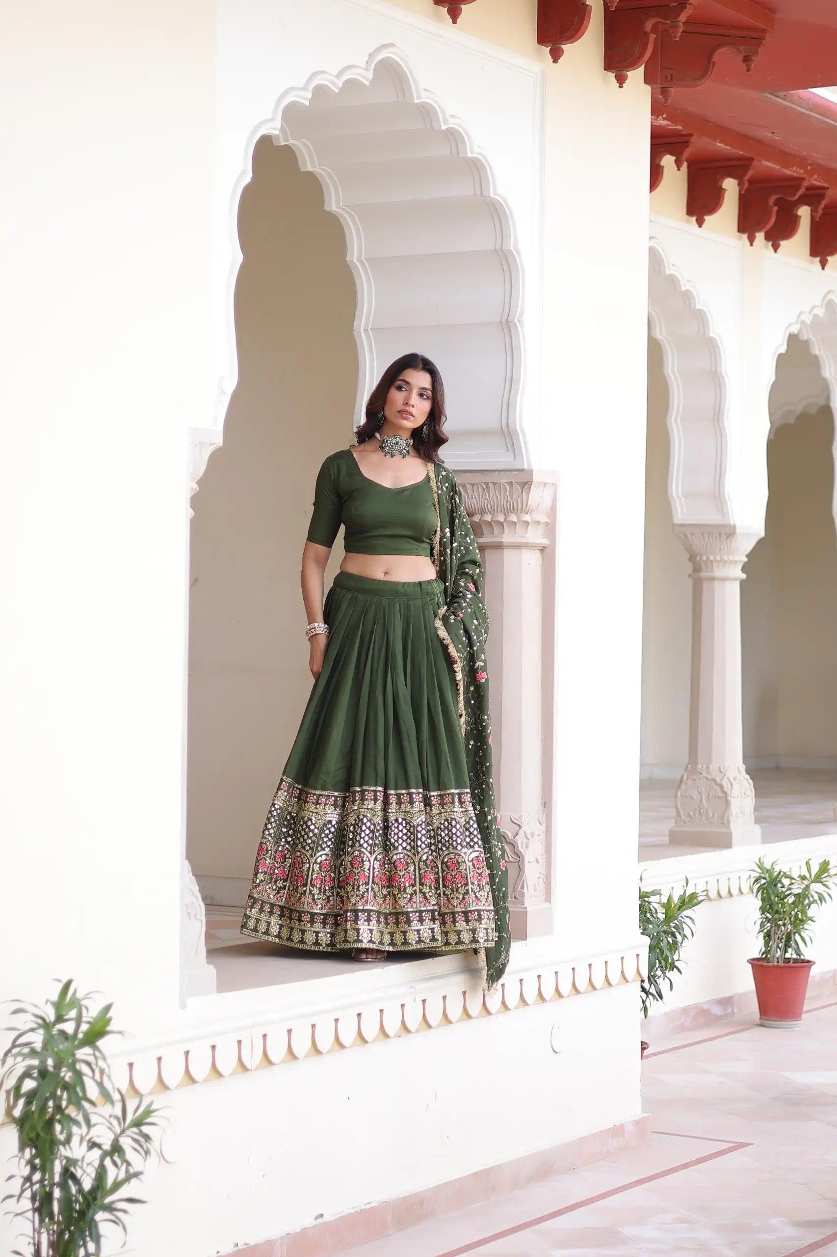 Green Vichitra Silk With Embroider Lehenga Choli - Image 4