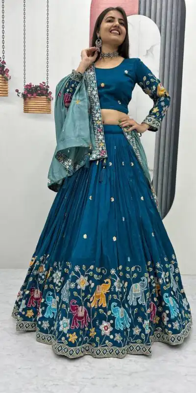 Peacock Blue Vichitra Silk Lace Border Work Lehenga Choli