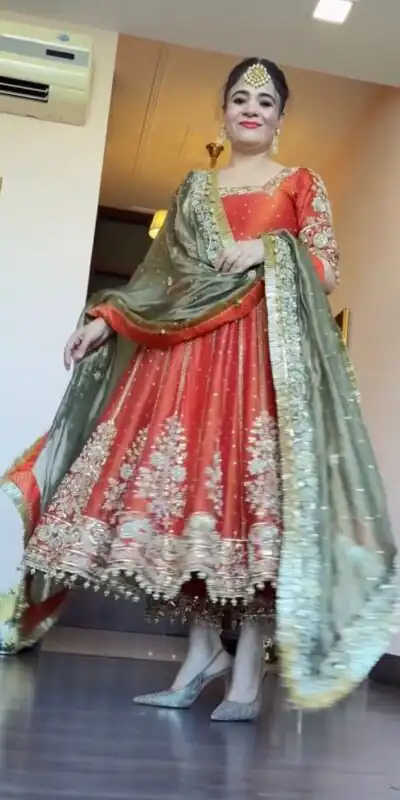 Orange JC Silk Embroidery Lace Work Gown