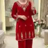 Red Velvet Embroidery Mirror Work Salwar Suit