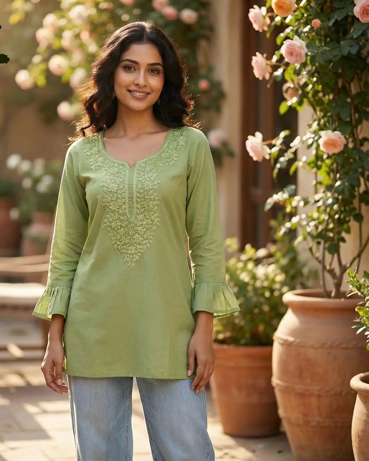 Pista Rayon Chikan Work Kurti