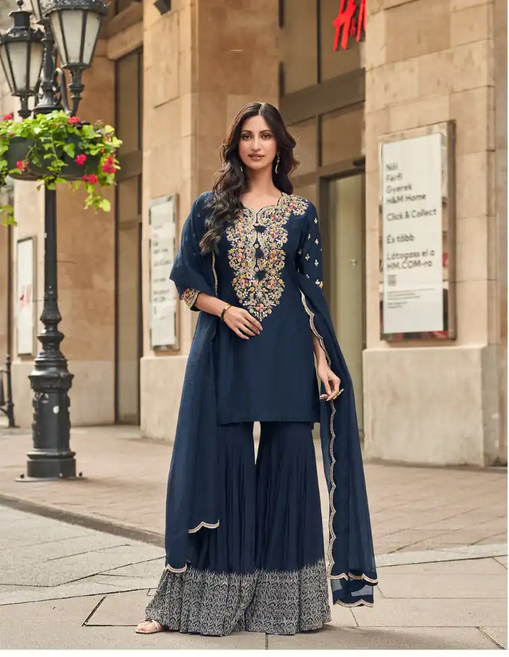 Navy Blue Georgette Embroidery Lace Work Salwar Suit