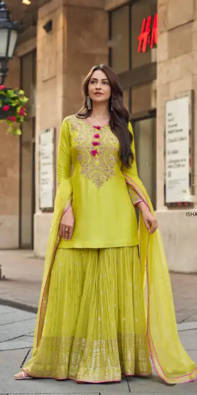 Lime Yellow Georgette Embroidery Lace Work Salwar Suit