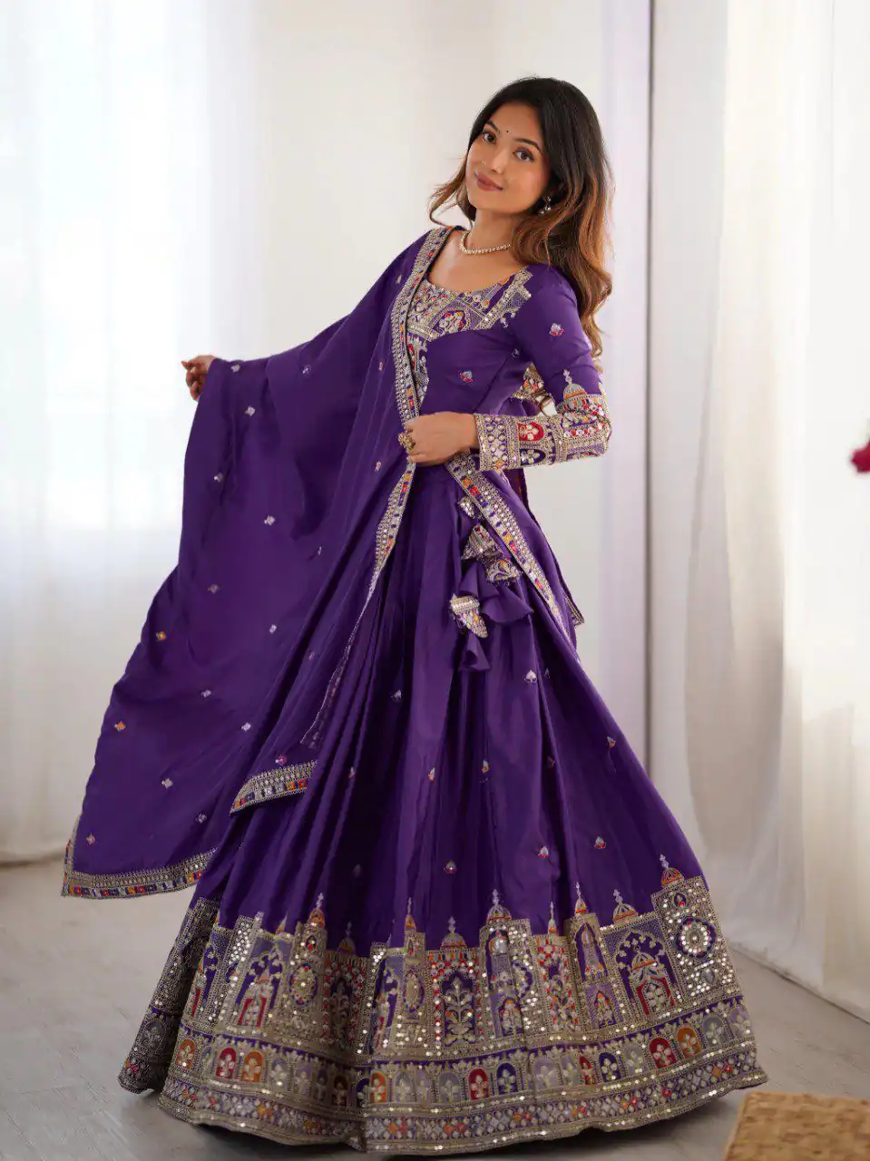 Purple Chinon Silk Embroidery Work Lehenga Choli