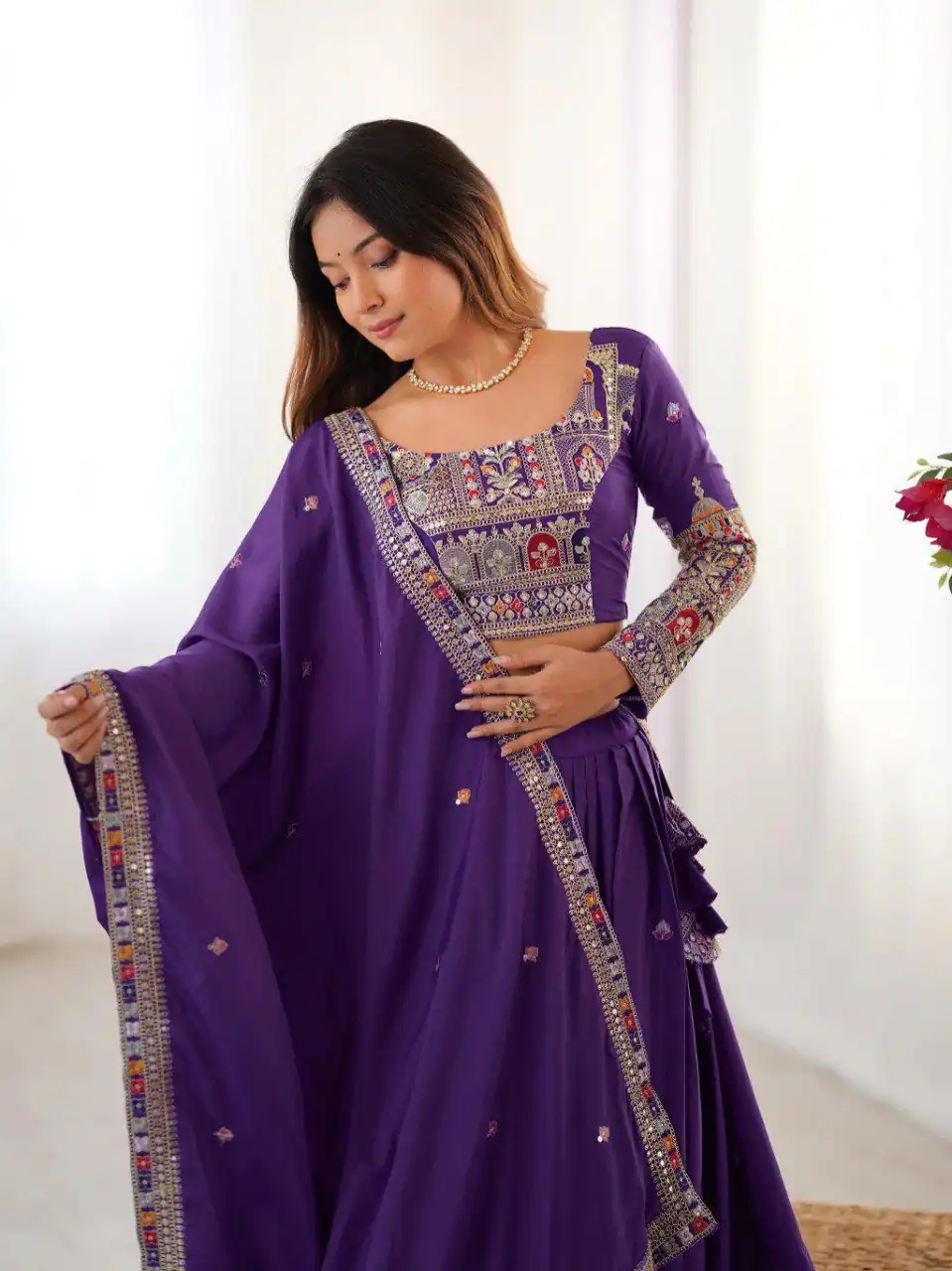 Purple Chinon Silk Embroidery Work Lehenga Choli - Image 3