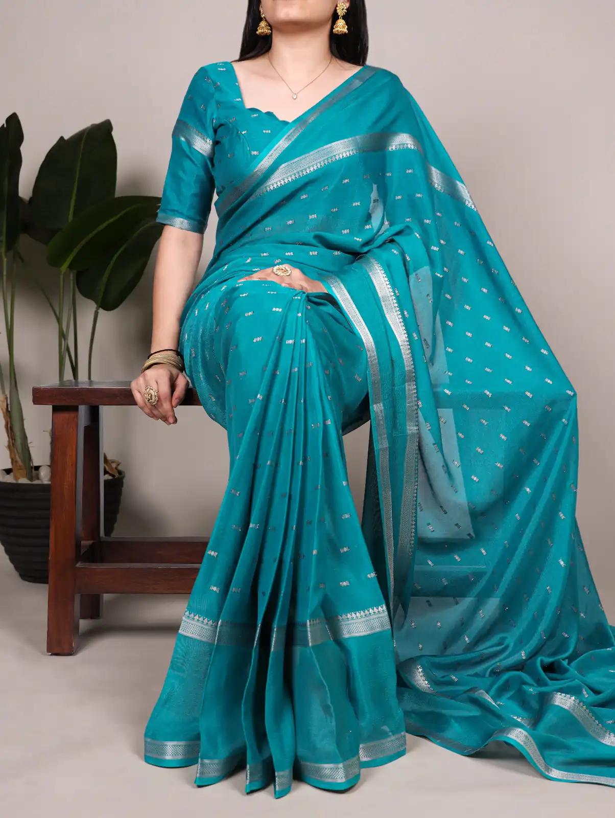 Firozi Crepe Weaving Work Saree