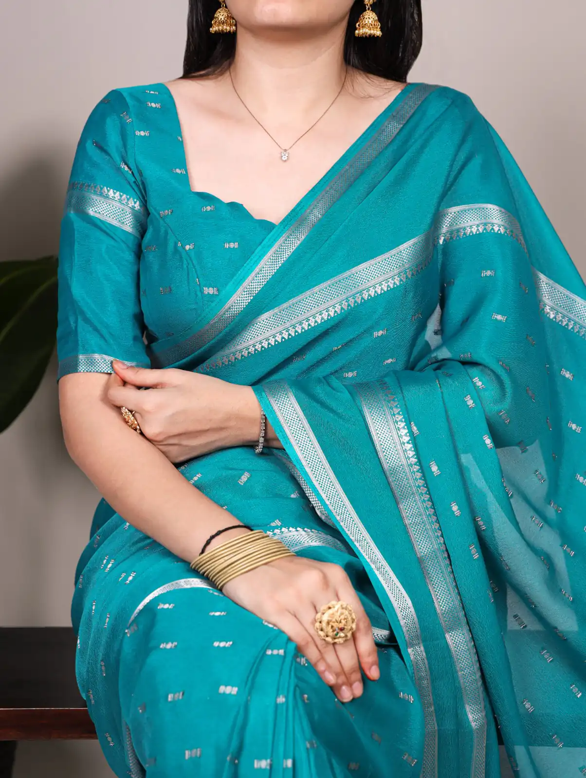 Firozi Crepe Weaving Work Saree - Image 2