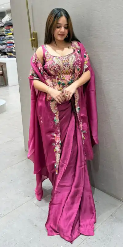 Rani Pink Rangoli Silk Embroidery Work Dhoti Suit