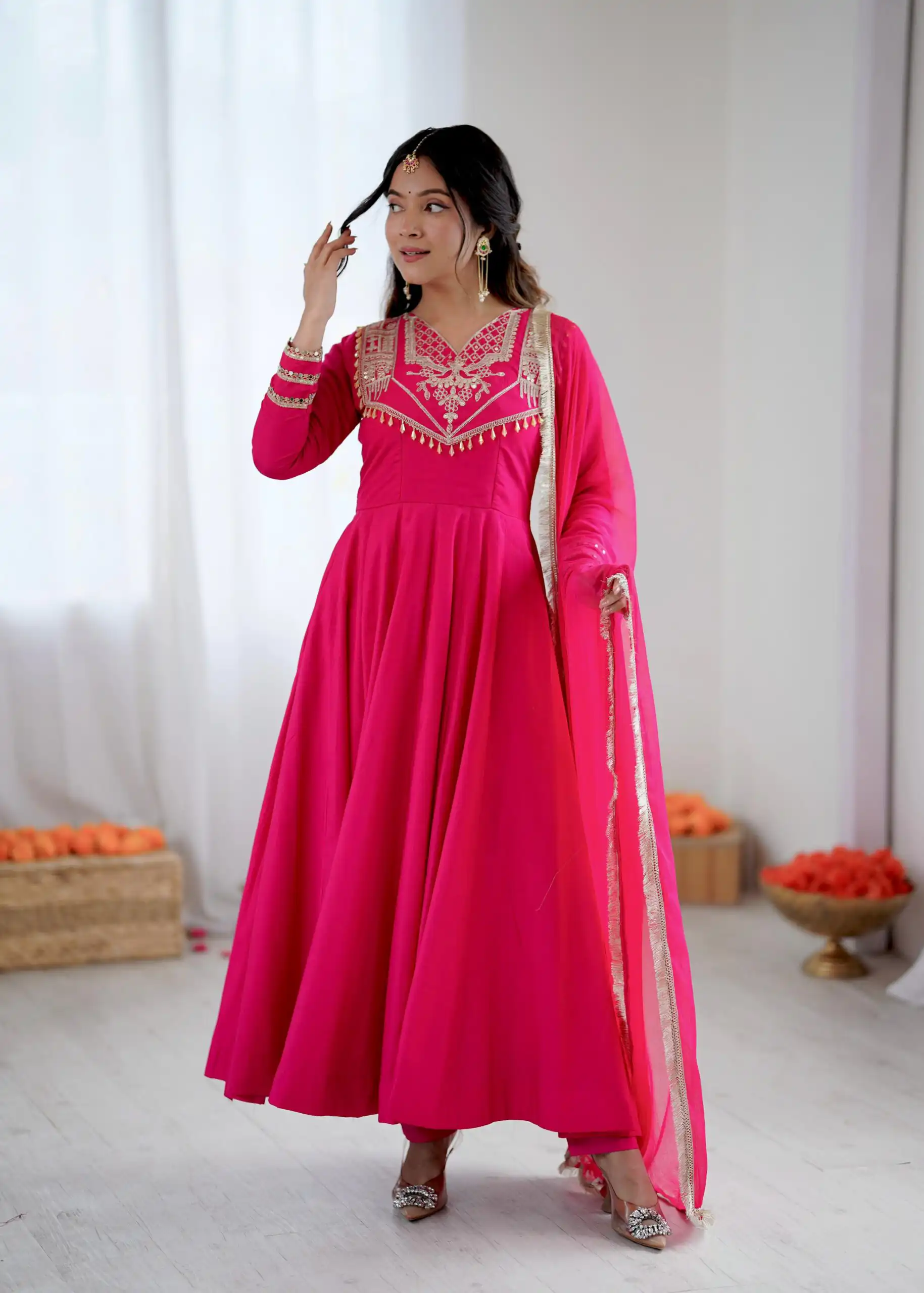 Pink Roman Silk Lace Work Border Gown