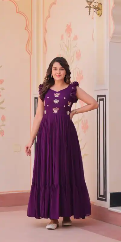 Purple Faux Blooming Sequins Work Gown